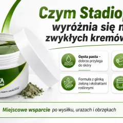 Stadiopasta jak stosować? Gęsta, zielona pasta z glinką i ekstraktami roślinnymi, idealna do stosowania pod folię. Wsparcie po wysiłku.
