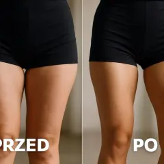 Przed i po ćwiczeniach z hantlami na nogi. Widoczna poprawa jędrności i kształtu ud.