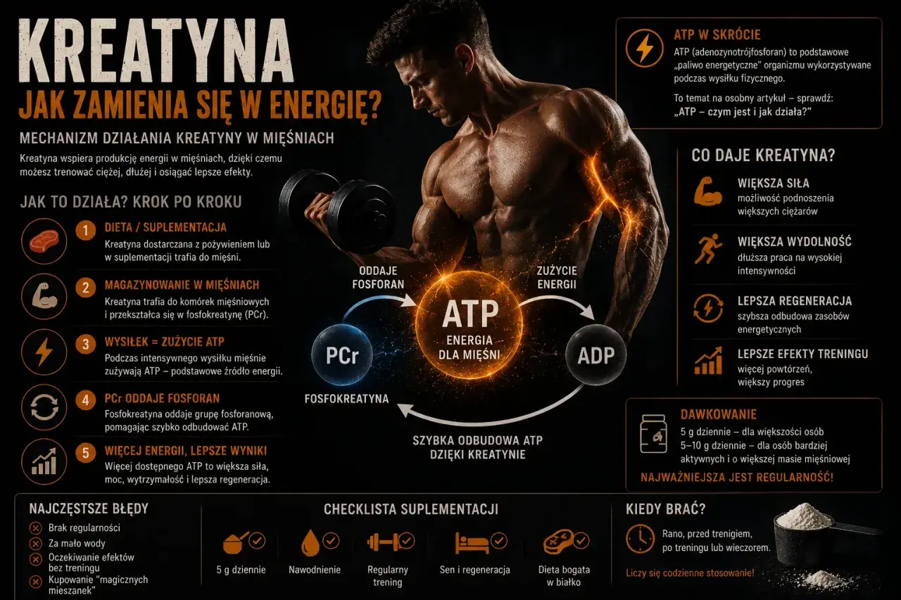 Kreatyna a sen: jak kreatyna wpływa na energię mięśni, regenerację i efekty treningowe. Zwiększa siłę, wydolność i przyspiesza odbudowę ATP.