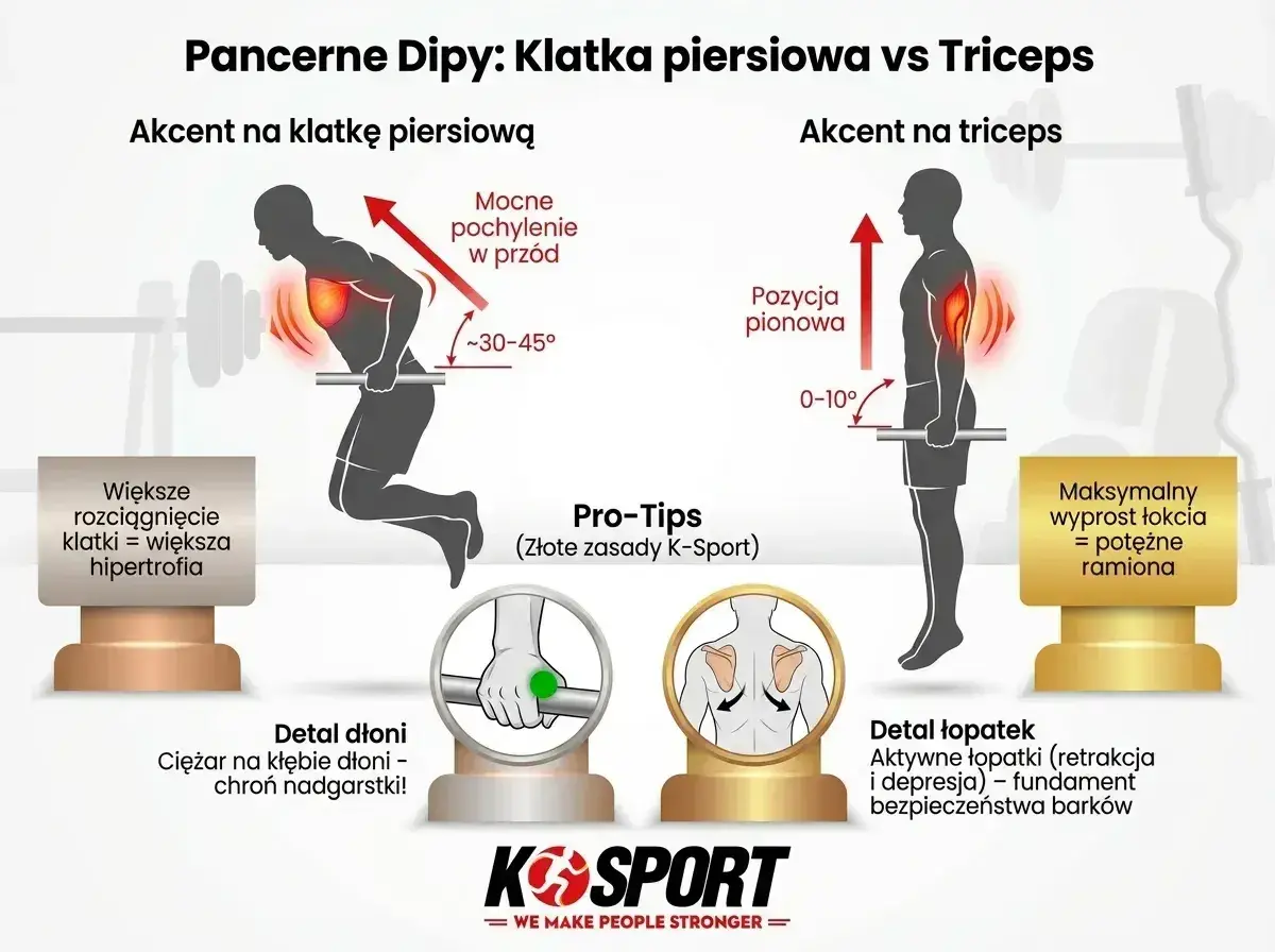 Ćwiczenia na poręczach: jak akcentować klatkę piersiową (pochylenie) lub triceps (pozycja pionowa). Detale dłoni i łopatek.