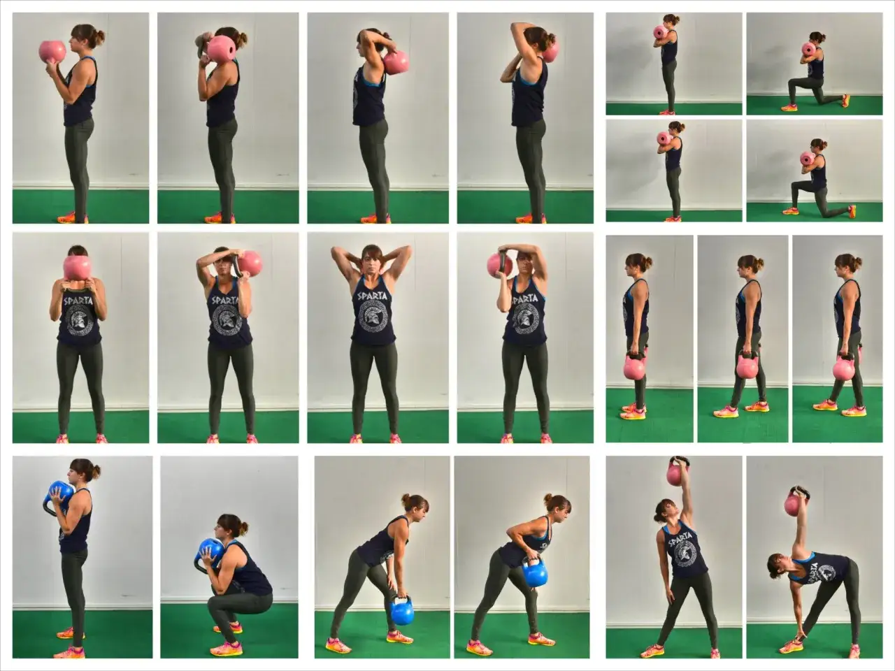 Kobieta wykonuje ćwiczenia z kettlebell, pokazując różne etapy funkcjonalnego treningu siłowego.