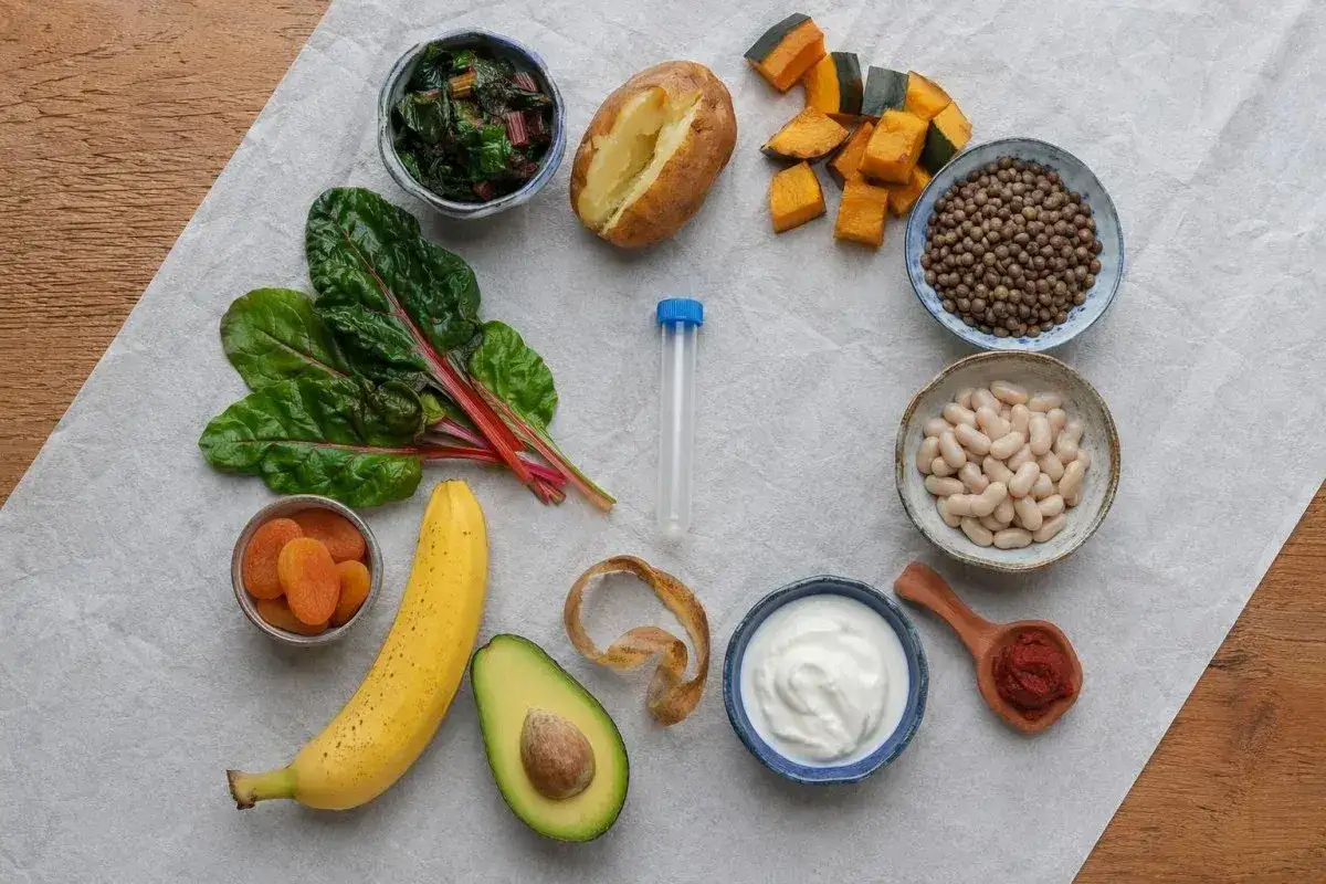 Produkty bogate w potas: banan, awokado, ziemniak, fasola, soczewica, dynia, suszone morele, szpinak, jogurt. Pomocne w zapobieganiu niedoborowi potasu u osób starszych.