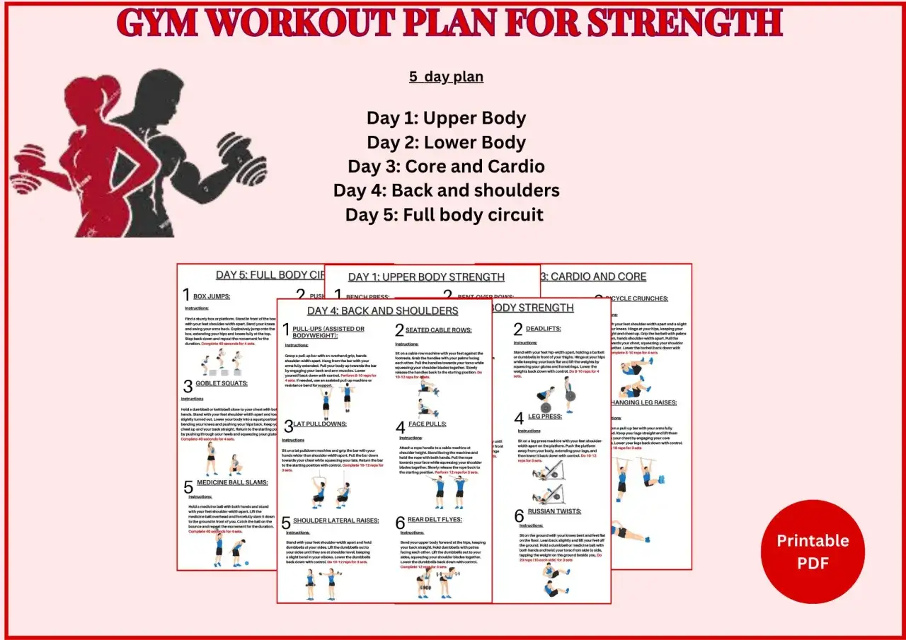 5-dniowy plan treningowy siłowy: Dzień 1 - górna część ciała, Dzień 2 - dolna część ciała, Dzień 3 - core i cardio, Dzień 4 - plecy i barki, Dzień 5 - cały obwód ciała.